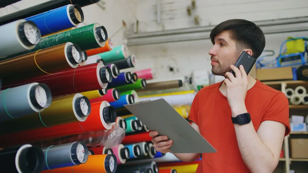 Empreendedor falando ao celular no local de trabalho