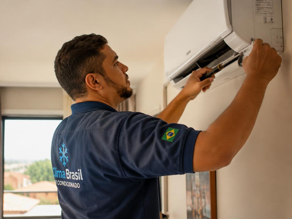 Técnico instalando um aparelho de ar-condicionado na parede de uma residência